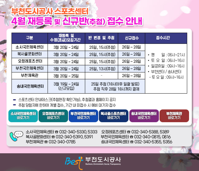부천도시공사 스포츠센터 4월 재등록 및 신규반(추첨) 접수 안내
