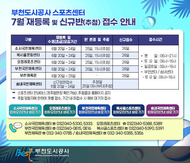 부천도시공사 스포츠센터 7월 재등록 및 신규반(추첨) 접수 안내