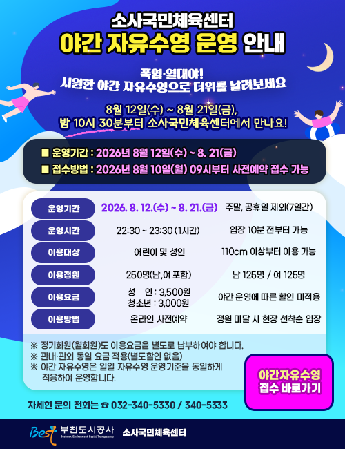 소사국민체육센터 야간 자유수영 운영 안내. 폭염&middot;열대야! 시원한 야간 자유수영으로 더위를 날려보세요. 8월 12일(수)~8월 21일(금), 밤 10시 30분부터 소사국민체육센터에서 만나요! 운영기간: 2026년 8월 12일(수)~8.21(금). 접수방법: 2026년 8월 10일(월) 09시부터 사전예약 접수 가능. 상세 안내: 운영기간 2026.8.12(수)~8.21(금) 주말, 공휴일 제외(7일간). 운영시간 22:30~23:30(1시간), 입장 10분 전부터 가능. 이용대상 어린이 및 성인, 110cm 이상부터 이용 가능. 이용정원 250명(남, 여 포함), 남 125명 / 여 125명. 이용요금 성인 3,500원, 청소년 3,000원 (야간 운영에 따른 할인 미적용). 이용방법 온라인 사전예약, 정원 미달 시 현장 선착순 입장. 유의사항: 정기회원(월회원)도 이용요금을 별도로 납부하여야 합니다. 관내&middot;관외 동일 요금 적용(별도할인 없음). 야간 자유수영은 일일 자유수영 운영기준