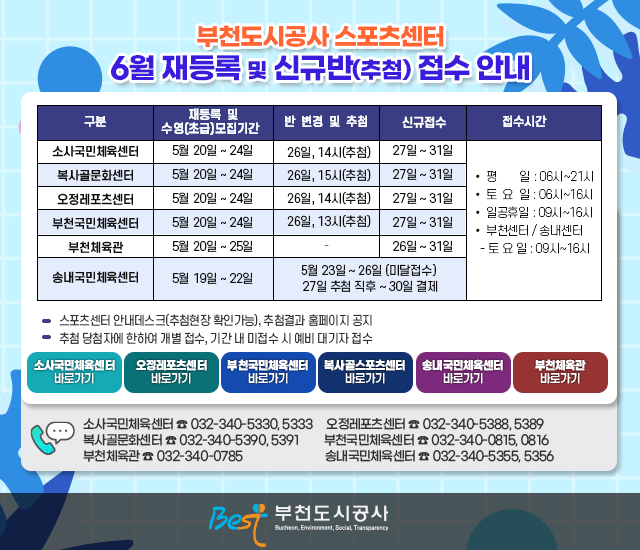 부천도시공사 스포츠센터 6월 재등록 및 신규반(추첨) 접수 안내