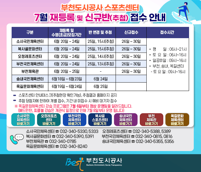 부천도시공사 스포츠센터 7월 재등록 및 신규반(추첨) 접수 안내