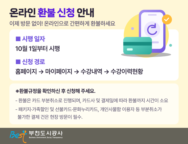 온라인 환불신청 안내 이제 방문 없이! 온라인으로 간편하게 환불하세요   ■ 시행일자 10월 1일부터 시행 ■ 신청 경로 홈페이지 마이페이지 수강내역 수강이력현황 ※환불규정을 확인하신 후 신청해 주세요. - 환불은 카드 부분취소로 진행되며, 카드사 및 결제일에 따라 환불까지 시간이 소요 -패키지·가족할인 및 선불카드·문화누리카드, 개인사물함 이용자 등 부분취소가 불가한 결제건은 현장 방문이 필수.