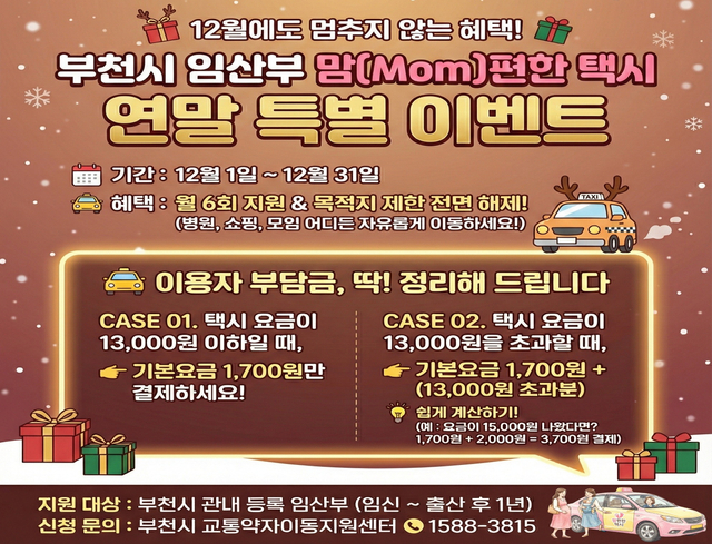 12월에도 멈추지 않는 혜택!  부천시 임산부 맘(Mom)편한 택시 연말 특별 이벤트  기간 : 12월 1일 ~ 12월 31일  혜택 : 월 6회 지원 & 목적지 제한 전면 해제! (병원, 쇼핑, 모임 어디든 자유롭게 이동하세요!)  이용자 부담금, 딱! 정리해 드립니다  CASE 01. 택시 요금이 13,000원 이하일 ？, ☞기본요금 1,700원만 결제하세요!  CASE 02. 택시 요금이 13,000원을 초과할 ？, ☞기본요금 1,700원 + (13,000원 초과부)  쉽게 계산하기! (예, 요금이 15,000원 나왔다면? 1,700원 + 2,000원 = 3,700원 결제)  지원 대상: 부천시 관내 등록 임산부 (임신 ~ 출산 후 1년)  신청 문의 : 부천시 교통약자이동지원센터  ☎1588-3815